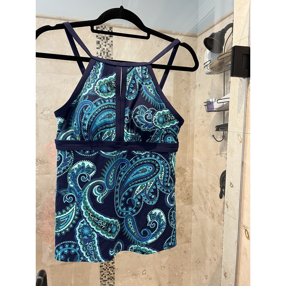 Lands End Long Tankini Swimsuit Top Womens 6L Paisley Turquoise Blue High Neck